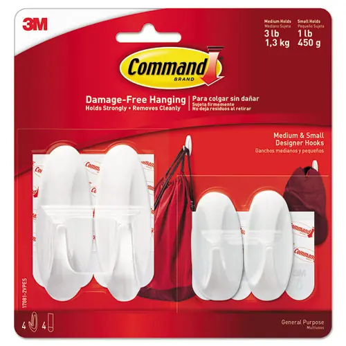 Command™ General Purpose Designer Hooks, Small and Medium, White, 4 Hooks with Strips