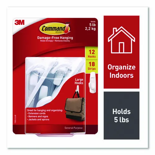 Command™ General Purpose Hooks, Large, Plastic, White, 5 lb Capacity, 12 Hooks and 18 Strips/Pack