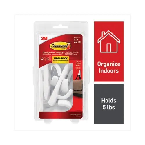 Command™ General Purpose Hooks, Large, Plastic, White, 5 lb Capacity, 14 Hooks and 16 Strips/Pack