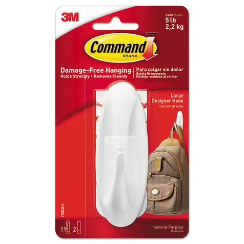 Command™ General Purpose Hooks, Large, Plastic, White, 5 lb Capacity, 1 Hook and 2 Strips/Pack