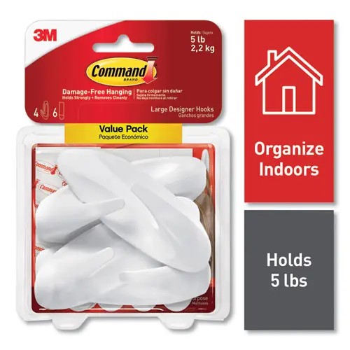 Command™ General Purpose Hooks, Large, Plastic, White, 5 lb Capacity, 4 Hooks and 6 Strips/Pack