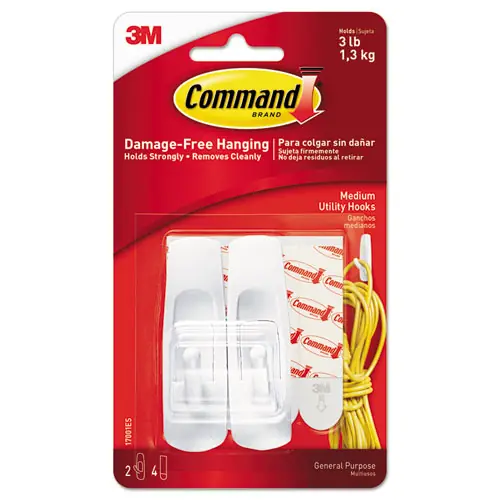 Command™ General Purpose Hooks, Medium, Plastic, White, 3 lb Capacity, 2 Hooks and 4 Strips/Pack