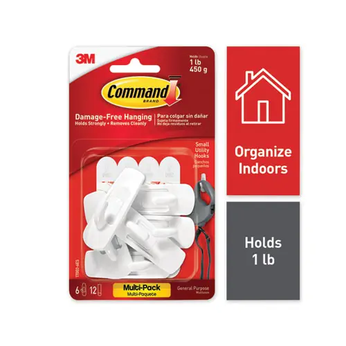 Command™ General Purpose Hooks, Small, Plastic, White, 6 Hooks and 12 Strips/Pack, 1 lb Capacity