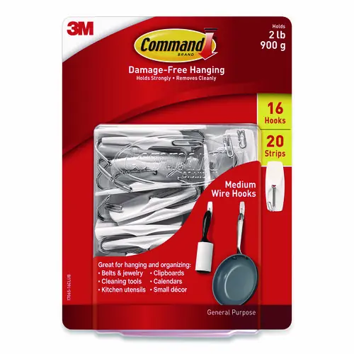 Command™ General Purpose Wire Hooks, Medium, Metal, White, 2 lb Capacity, 16 Hooks and 20 Strips/Pack