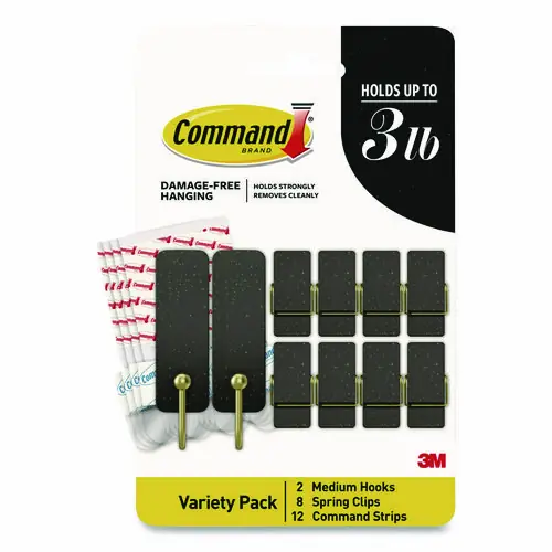 Command™ Limited Edition Hooks and Clips, Soot, 3 lb Capacity, 2 Hooks, 8 Clips and 12 Strips/Pack