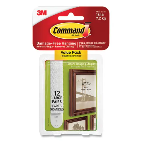 Command™ Picture Hanging Strips, Large, Removable, Holds Up to 4 lbs per Pair, White, 12 Pairs/Pack