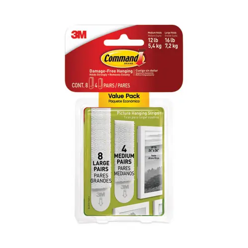 Command™ Picture Hanging Strips, Value Pack, Removable, White, 8 Large Pairs (0.63" x 3.63"), 4 Medium Pairs (0.5" x 2.75")