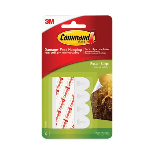 Command™ Poster Strips, Removable, 12 Strips, White, 0.63" x 1.75"