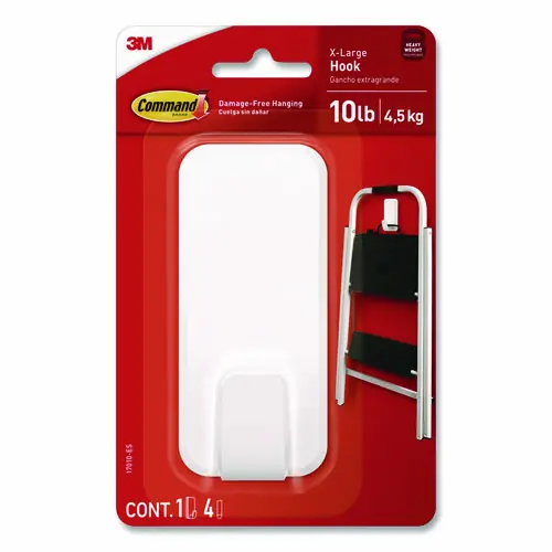 Command™ X-Large Utility Hook, Plastic, White, 10 lb Capacity, 1 Hook and 4 Strips