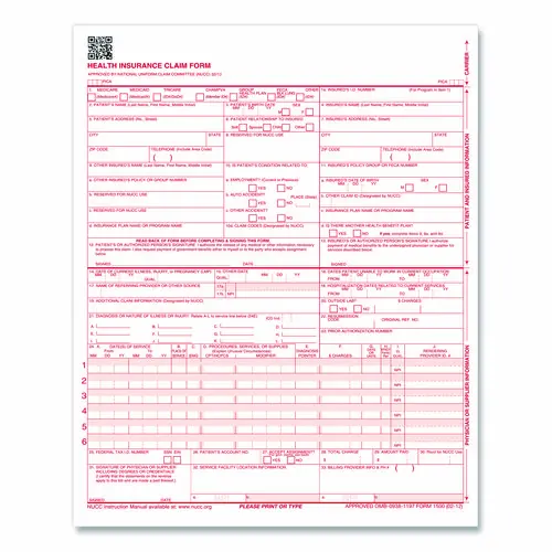 ComplyRight® CMS-1500 Health Insurance Claim Form, One-Part (No Copies), 8.5 x 11, 1,000 Forms