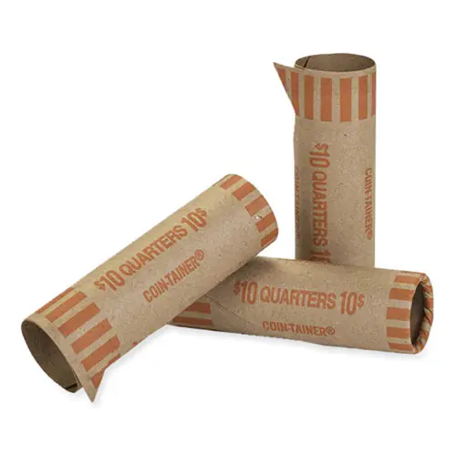 CONTROLTEK® Gunshell Crimped-End Coin Wrapper, Quarters, $10.00, Kraft/Orange, 1,000/Carton