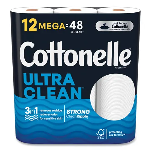 Cottonelle® Ultra CleanCare Toilet Paper, Strong Tissue, Mega Rolls, Septic Safe, 1-Ply, White, 284 Sheets per Roll, 12 Rolls per Pack, 48 Rolls per Carton