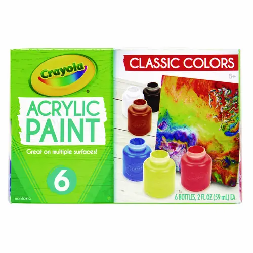 Crayola® Acrylic Paint Set, Six Assorted Classic Colors, 2 oz Bottles, 6/Box
