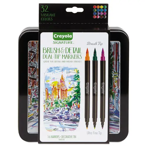 Crayola® Brush and Detail Dual Ended Markers, Extra-Fine Brush/Bullet Tips, Assorted Colors, 16/Set