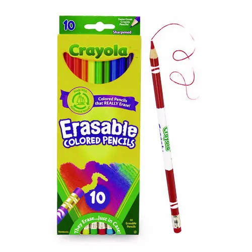 Crayola® Erasable Color Pencil Set, 10 Pack, 3.3 mm, 2B, Assorted Colors