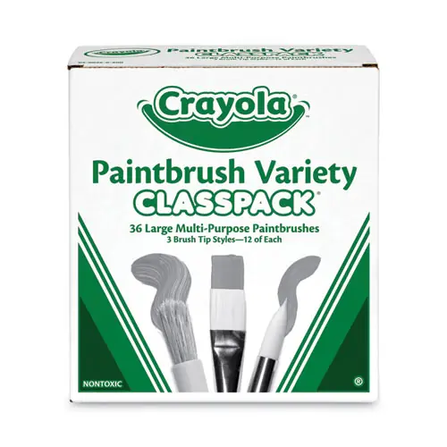 Crayola® Large Variety Paint Brush Classpack, Natural/Nylon Bristles, Flat & Round Profiles, 36 Brushes