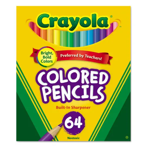 Crayola® Short Colored Pencils, 64/Pack, 3.3 mm, 2B, Assorted Colors, Hinged Box with Sharpener