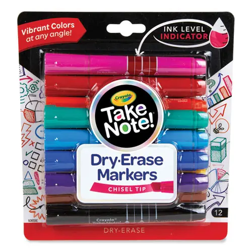 Crayola® Take Note Dry-Erase Markers, Broad, Chisel Tip, Assorted Colors, 12 Pack