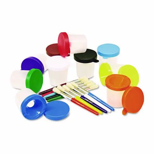 Creativity Street® No-Spill Cups and Coordinating Brushes, Assorted Color Lids/Clear Cups, 10/Set
