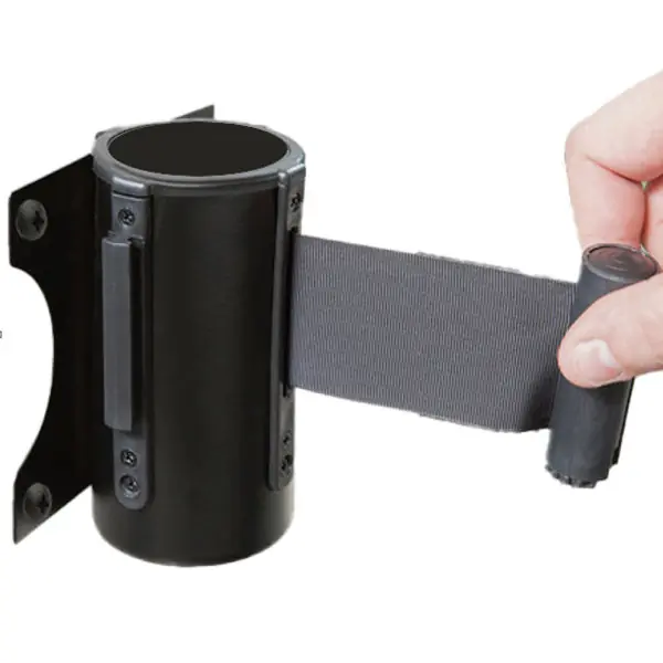 Crowd Control Black Wall-Mount Stanchion with 6 1/2′ Black Retractable Belt