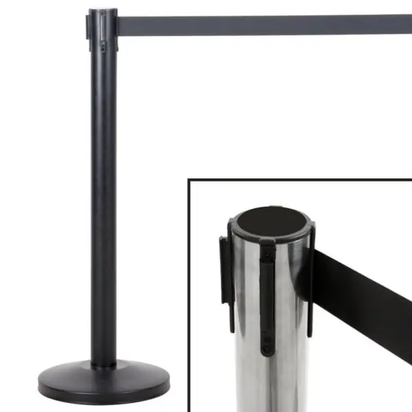 Crowd Control-Guidance Stanchion 36″ in Black or Silver Metal with 78″ Retractable Belt for hotels, restaurants, bars and resorts