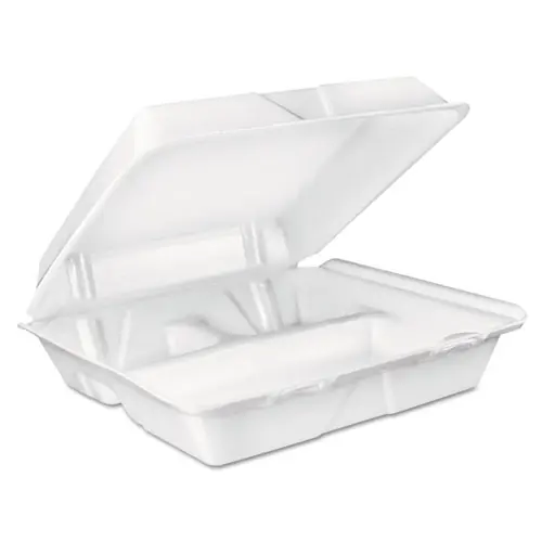 Dart® Foam Hinged Lid Container, 3 Compartments, 8 oz, White, 100/Sleeve, 2 Sleeves/Carton