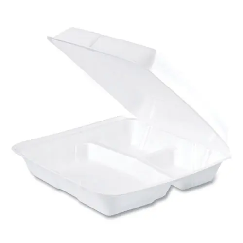 Dart® Foam Hinged Lid Containers, 3 Compartments, 9.25 x 9.5 x 3, White, 100/Sleeve, 2 Sleeves/Carton
