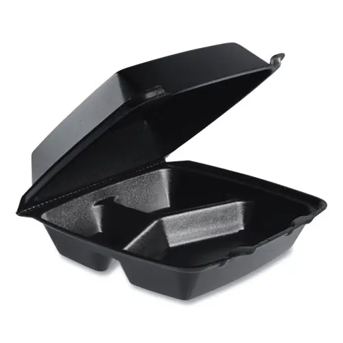 Dart® Insulated Foam Hinged Lid Containers, 3 Compartments, Black, 200/Carton
