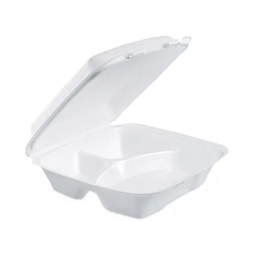 Dart® Insulated Foam Hinged Lid Containers, 3 Compartments, 9 x 9.4 x 3, White, 100/Sleeve, 2 Sleeves/Carton
