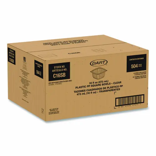 Dart® Square Plastic Bowls, Clear, 16 oz, 8.5" x 8.5" x 1.96" - 504 Bowls/Carton