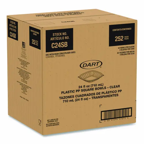 Dart® Square Plastic Bowls, Clear, 24 oz, 5" x 5" x 1.99", 63 Bowls/Sleeve, 4 Sleeves/Carton