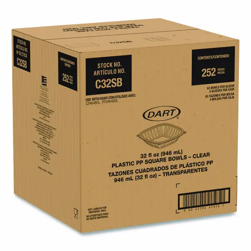 Dart® Square Plastic Bowls, 32 oz, 5 x 5 x 1.49, Clear, Plastic, 63 Bowls/Sleeve, 4 Sleeves/Carton