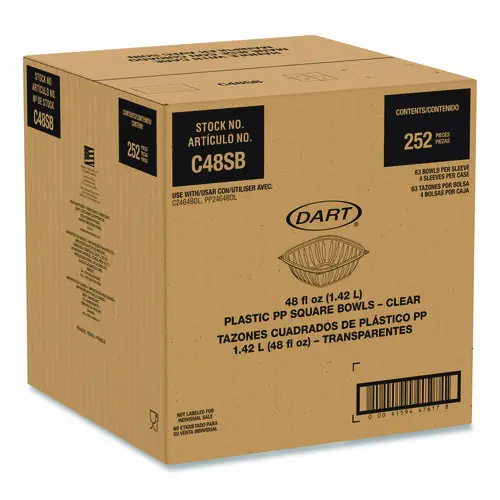 Dart® Square Plastic Bowls, 48 oz, Clear, Plastic, 63 Bowls/Sleeve, 4 Sleeves/Carton