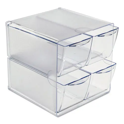 deflecto® Stackable Cube Organizer, 4 Compartments, 4 Drawers, Clear Plastic, 6" x 7.2" x 6"