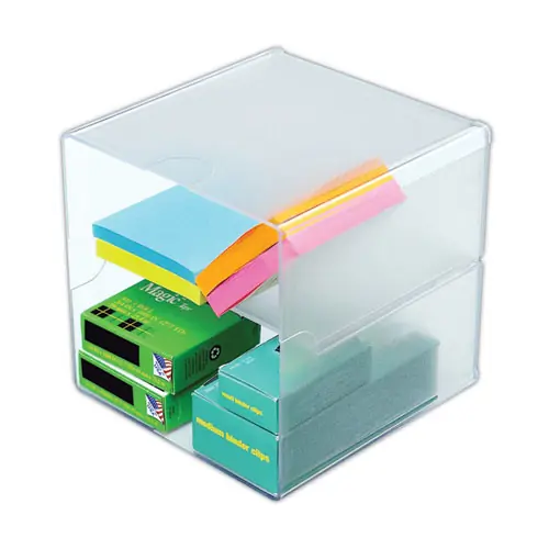 deflecto® Stackable Cube Organizer, Divided, Plastic, Clear, 6" x 6" x 6"
