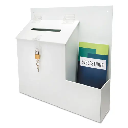 deflecto® Suggestion Box Literature Holder with Locking Top, Plastic, White