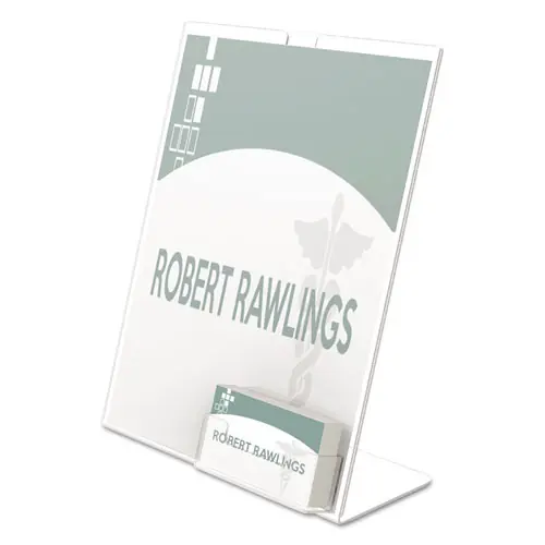 deflecto® Superior Image Slanted Sign Holder with Business Card Holder, Clear, 8.5" x 4.5" x 11"