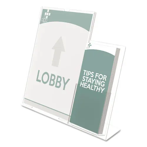 deflecto® Superior Image Slanted Sign Holder with Side Pocket, Clear