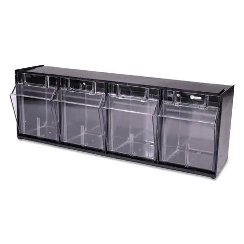 deflecto® Tilt Bin Interlocking Multi-Bin Storage Organizer, 4 Sections, Black/Clear