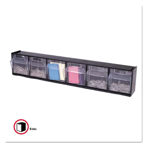 deflecto® Tilt Bin Interlocking Multi-Bin Storage Organizer, 6 Sections, Black/Clear
