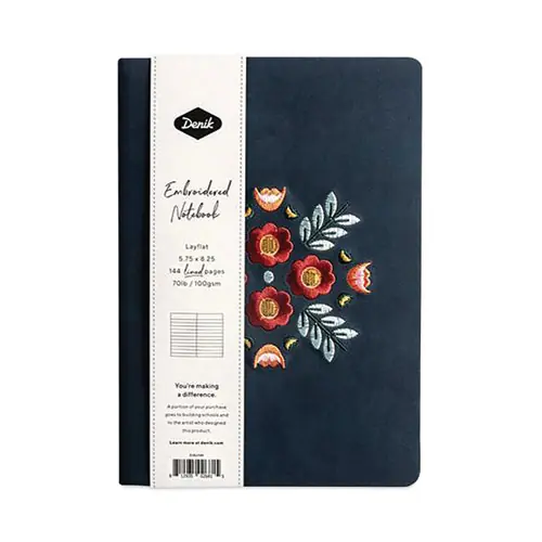 Denik Vegan-Suede Layflat Hardbound Journal, Evelyn's Floral Bouquet, College Rule, Dark Blue/Multicolor Cover