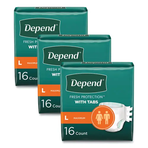 Depend® Incontinence Protection with Tabs, Large, Waist 35" - 49", 16/Pack, 3 Packs/Carton