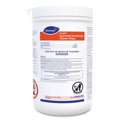 Diversey™ Avert Sporicidal Disinfectant Cleaner Wipes, Chlorine Scent, 160 Wipes/Canister, 12 Canisters/Carton