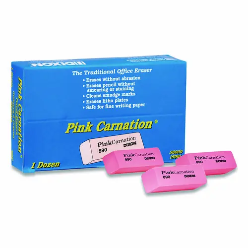 Dixon® Pink Carnation Erasers, For Pencil Marks, Rectangular Block, Medium, Pink, Dozen
