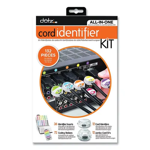 dotz® Cord ID Kit with 12 Regular & 12 Jumbo Cord Identifiers, 72 Color-Coded Stickers, 36 Inserts