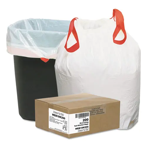 Draw 'n Tie® Heavy-Duty Trash Bags, Drawstring, 13 gal, White, 50 Bags/Roll, 4 Rolls/Box