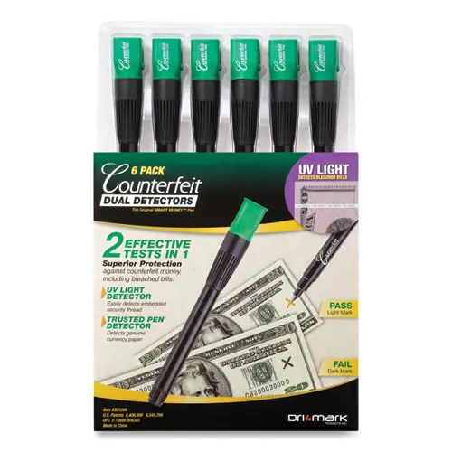 Dri-Mark® Counterfeit Money Detection System, UV Light; Watermark Detector; Color Change Ink, U.S. Currency, Black/Green