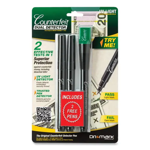 Dri-Mark® Smart Money Counterfeit Detector Pen with Reusable UV LED Light, U.S.; Most Foreign Currencies, Black