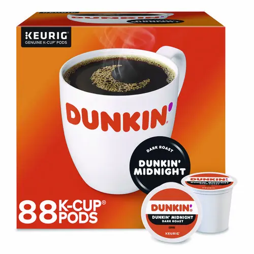 Dunkin'® Midnight Coffee K-Cups, Dark Roast, 0.35 oz, 22 Pods/Box, 4 Boxes/Carton