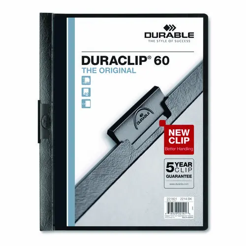 Durable® DuraClip Report Cover, Clip Fastener, 8.5 x 11, Holds 60 Sheets, Clear/Black, 25/Box